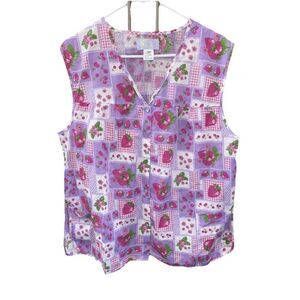 Vintage Apron Shirt 60's 70's Strawberry Fabric Smock Top Snap Front Pocket 1X